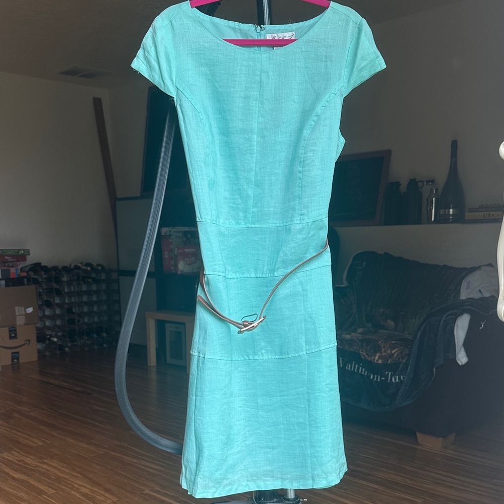 Michelle A Aqua Belted Cap-Sleeve Mini Dress with Nude Belt